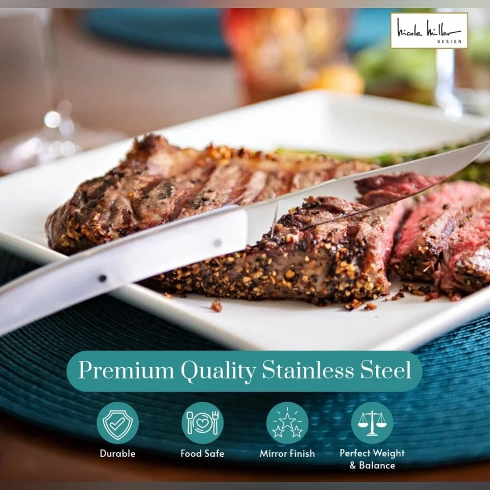 NEW Nicole Miller 8-Piece French Style Steak Knife Set With Elegant Wooden Case